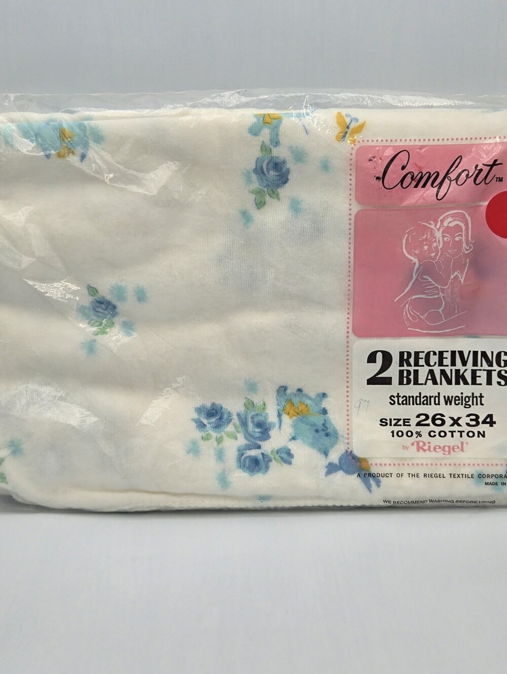 Vintage Riegel Receiving Baby Blankets Set Of 2 Cat Kitten Blue Flowers NOS NIP